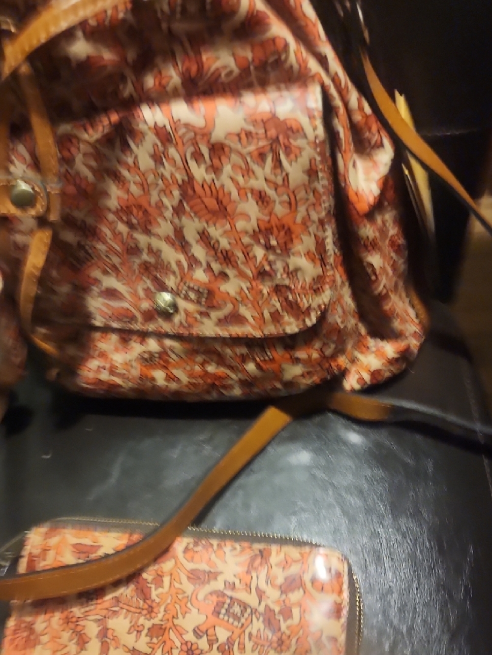 PATRICA NASH Orange Floral Drawstring Bucket Bag with Tan Trim. Wallet Included. - Picture 8 of 10